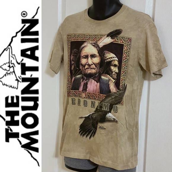 The Mountain tan hand dyed t-shirt w/Indigenous leader, sz S, 2012 David Behrens - Picture 2 of 15